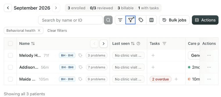 The APCM patient panel filtered to behavioral-health candidates, with General BHI badges visible on matching patients.