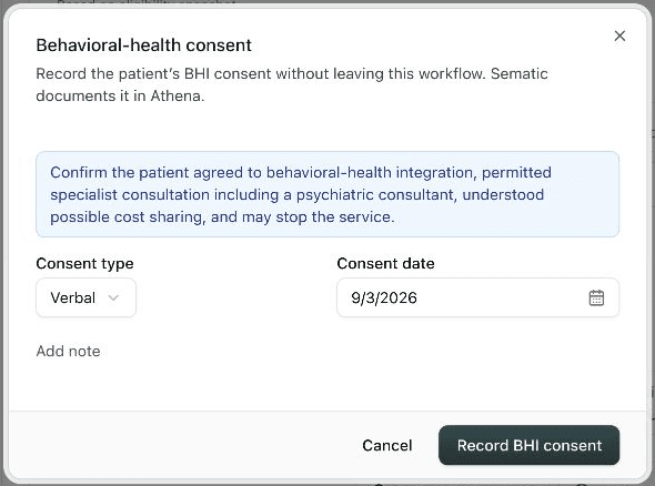 The behavioral-health consent dialog showing the disclosure, consent type, consent date, and Record BHI consent action.
